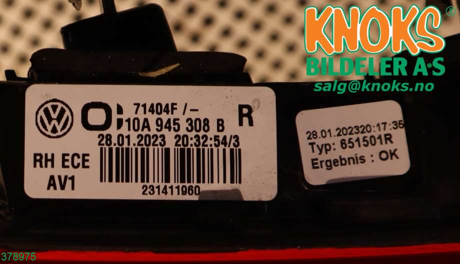 Baklykt høyre indre til VW ID.3 2020-->> (VOLKSWAGEN|10A 945 308 B|)