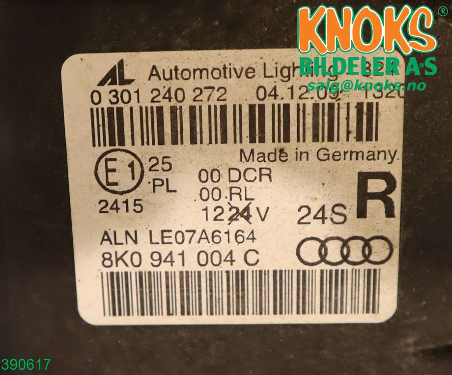 Frontlykt høyre xenon til Audi A4, Allroad 2009-2016 (Type I) (B8) (B8) (AUDI|8K0 941 030 AJ|)