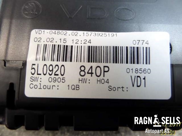 Speedometer til Škoda Yeti 2014-2017 (Fase 2)  (5L0920840P||A2C90725000)