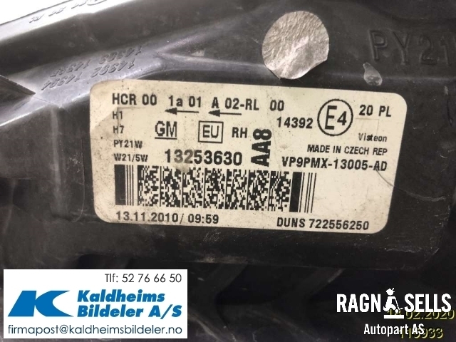 Frontlykt høyre halogen til Opel Meriva B 2010-2017 (1216050||VP9PMX13005AD|13305776|13253630|1216752)