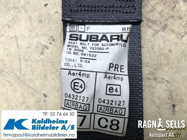 Sikkerhetsbelte foran høyre til Subaru Legacy 2007-2009 (Type IV, Fase 2)  (7Q7050P|)