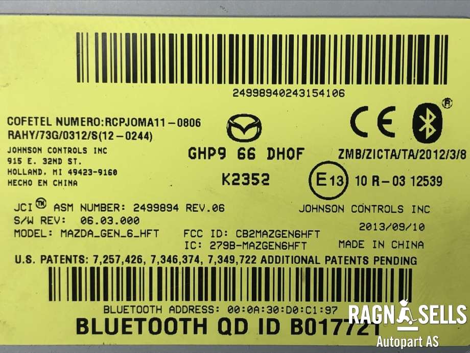 Styreenhet bluetooth til Mazda 6 2013-2015 (Type III, Fase 1)  (GHP9-66-DH0F|)