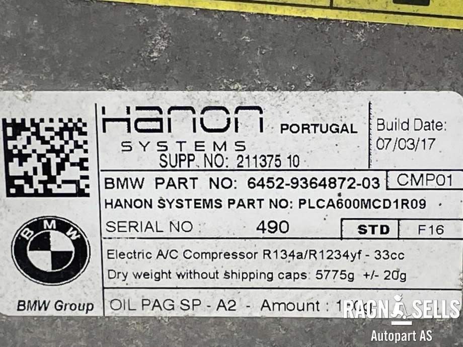Aircondition kompressor til BMW 5-Serie 2017-->> (G30/G31) (G30/G31) (HANON|64 52 9 496 106|211375|64529364872|64522558051|64526998209|64526998210|64529320855|64529343806|64529343808|64529347659|64529347661|64529364867|64529484357|645294)