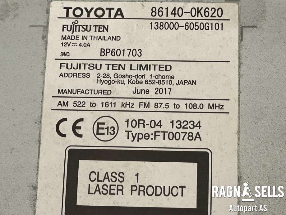 Bilstereo navigasjon til Toyota Hilux 2016-2020  (FUJITSU TEN|861400K620|138000-6050G101|)