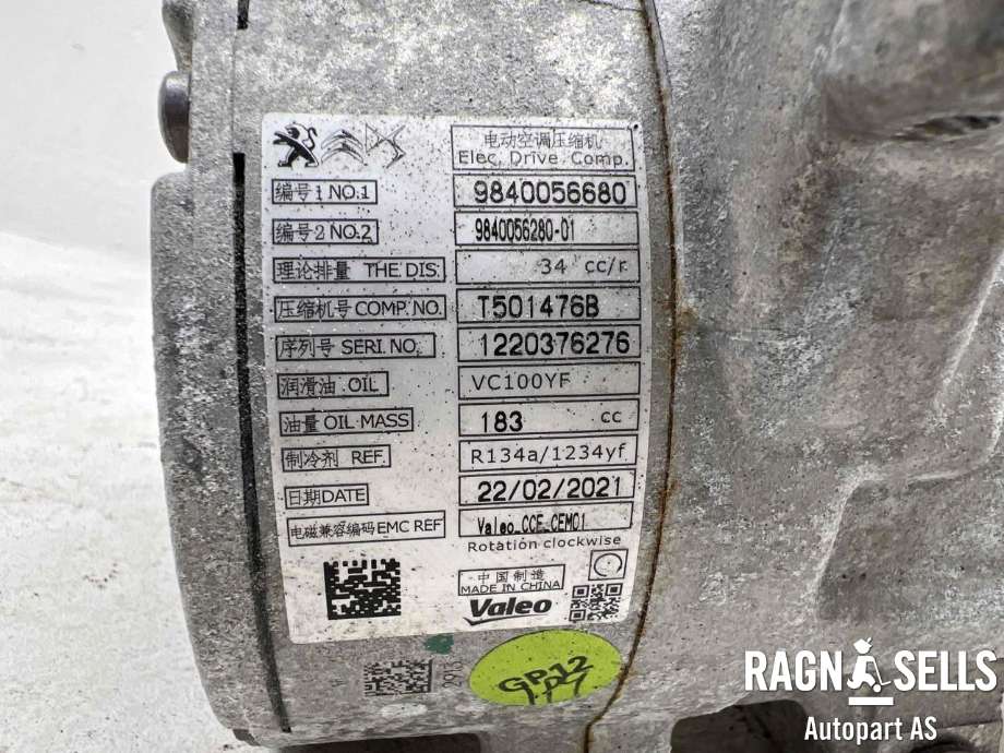 Aircondition kompressor elbil til Opel Mokka E 2020-->> (Type II)  (9840056680|9847929580|T501476B)