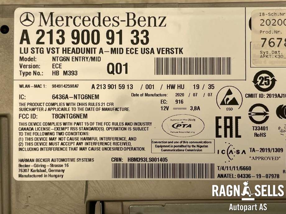 Bilstereo navigasjon til Mercedes E-Klasse 2016-2023 (W213) (W213) (A 213 900 91 33|A 213 900 05 34|A 213 900 74 35)
