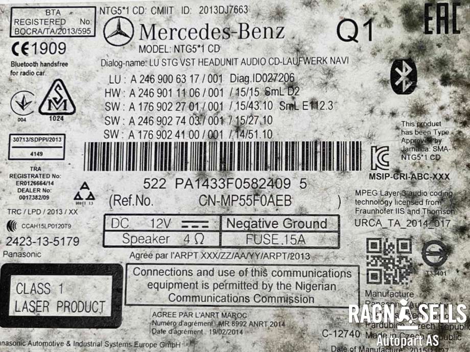 Bilstereo navigasjon til Mercedes A-Klasse 2012-2018 (W176) (W176) (A 246 900 63 17|A 246 900 23 18|A 246 900 38 18|A 246 900 26 17|A2469011106|A1769022701|A2469027403|A1769024100|)