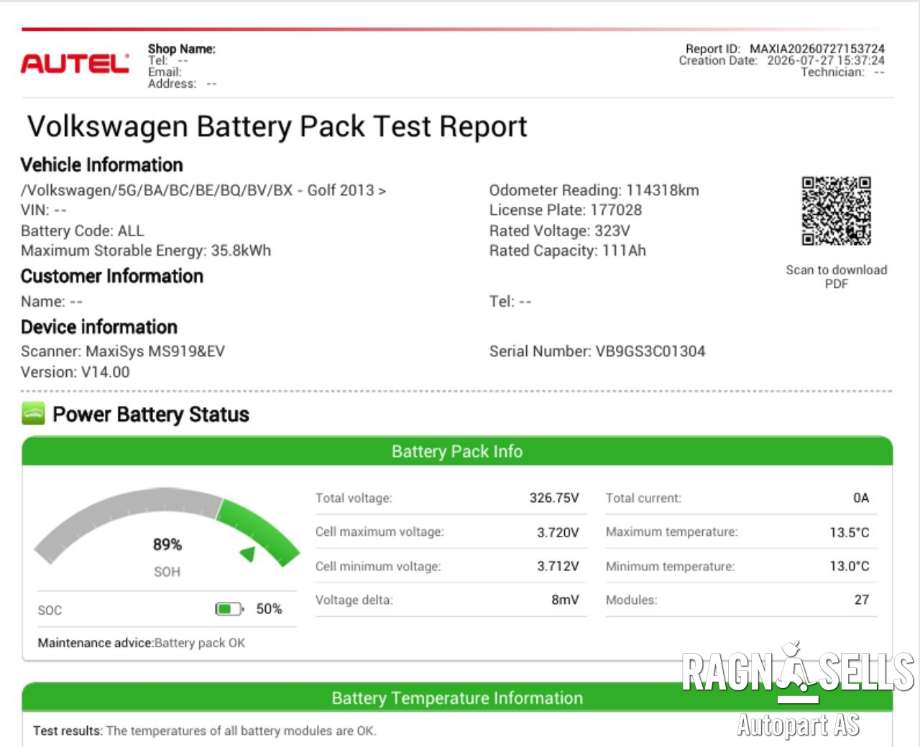Batteripakke elbil til VW e-Golf, 2017-2020 (Fase 2) (5QE 915 597 AD)