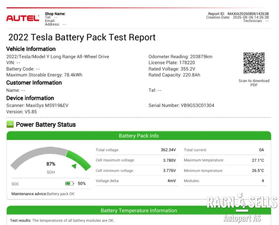 Batteripakke elbil til Tesla Model Y, 2021-2024 (Type I) (1700012-99-B)
