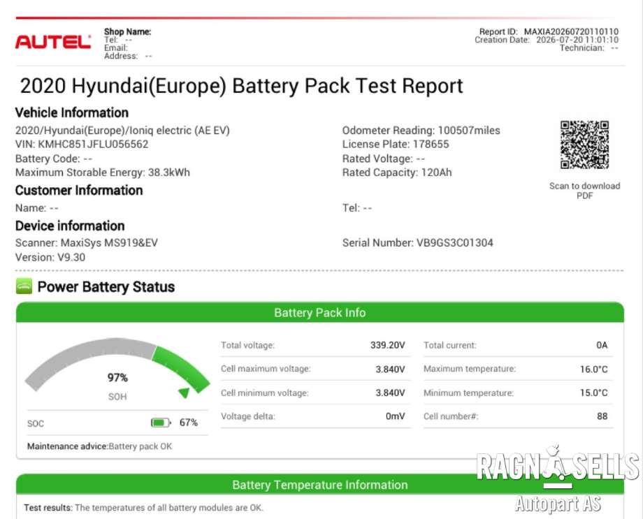 Batteripakke elbil til Hyundai Ioniq Electric, 2019-->> (Fase 2)  (37501G 7650)