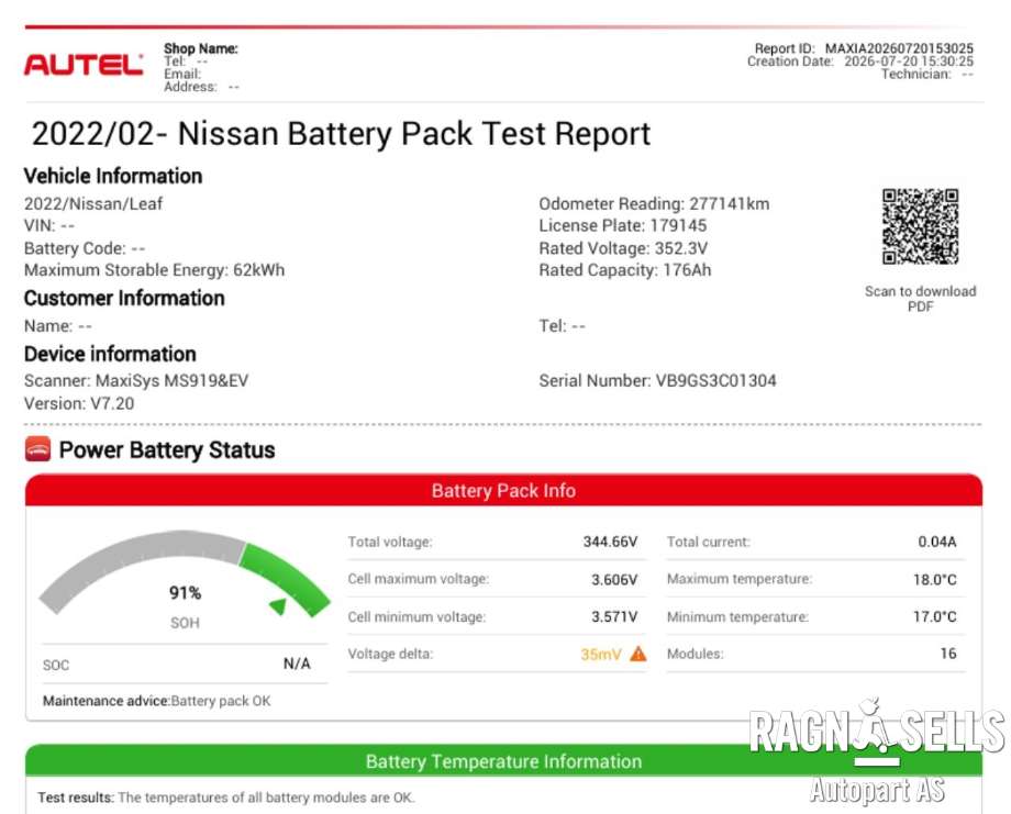 Batteripakke elbil til Nissan Leaf, 2018-->> (Type II)  (295B05SF8D)