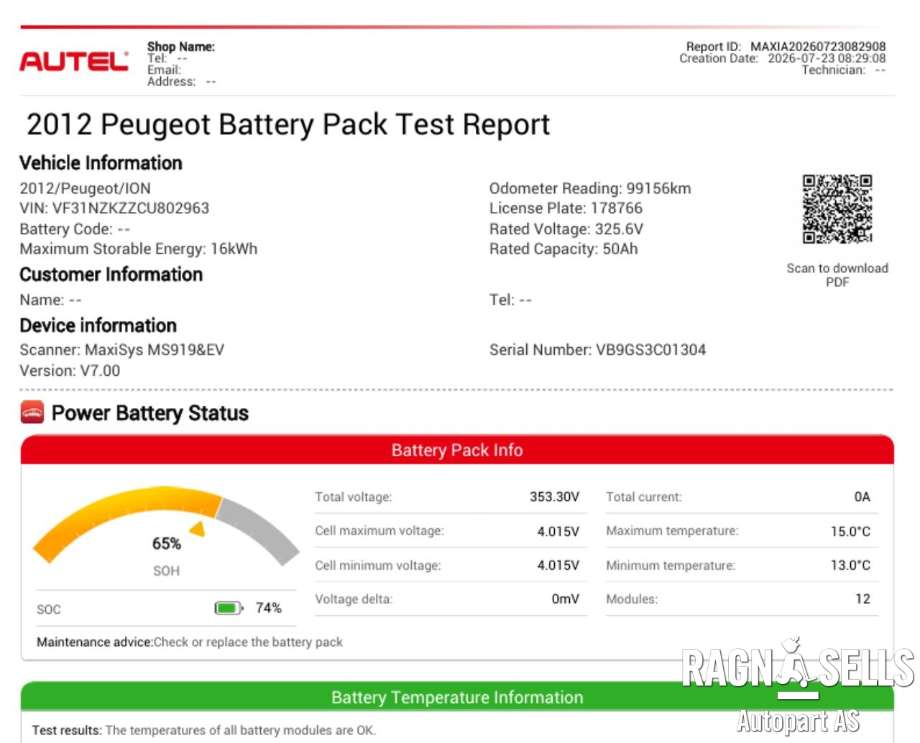 Batteripakke elbil til Peugeot iOn 2011-2020 (16 079 955 80||16 104 621 80|SPC1200)