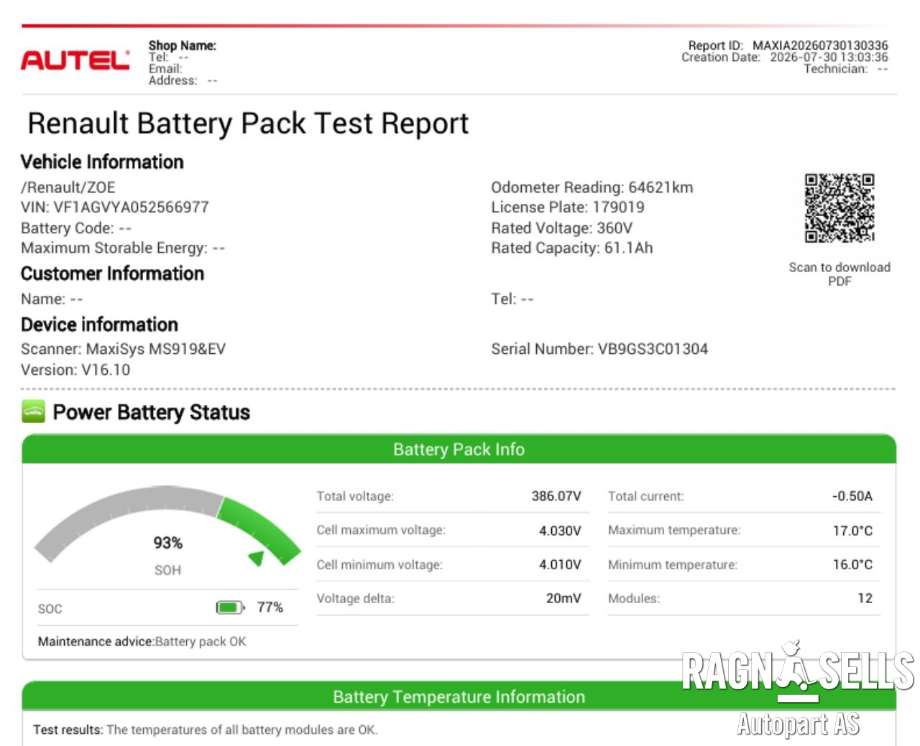 Batteripakke elbil til Renault Zoe 2013-2019 (Fase 1) (N/A||295107801R|BT4MR1|F026206)