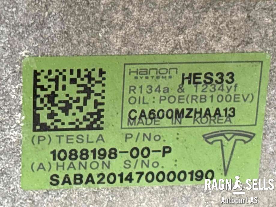 Aircondition kompressor elbil til Tesla Model 3 2018-2023 (Fase 1)  (HANON|1088198-00-P||CE650MZHAA-13|1088198-00-I|1088198-00-L|1088198-00-M|1088198-00-N)