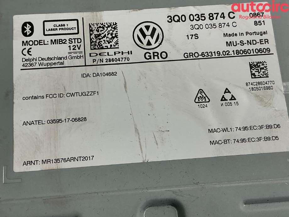 Bilstereo navigasjon til VW Passat 2015-2019 (Fase 1) (B8) (B8) (VOLKSWAGEN|3Q0 035 874 CX|3Q0 035 874 C)