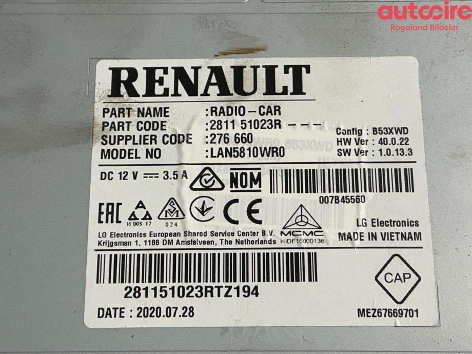 Multimedia display (MCU - Media Controller Unit) til Renault Master 2014-->> (Type III, Fase 2)  (RENAULT|281151023R)