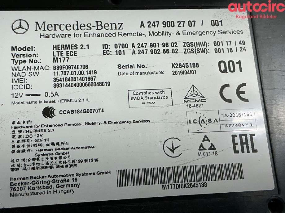Styreenhet diverse til Mercedes A-Klasse 2018-->> (W177) (W177) (MERCEDES|A 247 900 27 07)
