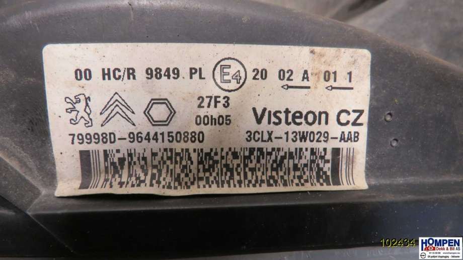 Frontlykt høyre halogen til Peugeot Partner 2002-2008 (Type I, Fase 2)  (PEUGEOT|6205AW||9644150880)