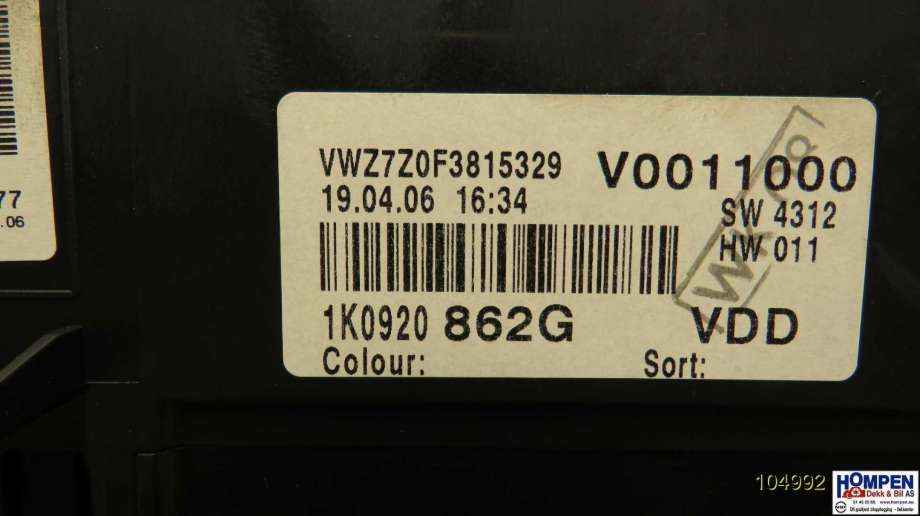 Instrumentpanel til VW Golf V, Combi 2003-2008  (VOLKSWAGEN|1K0920862GX||1K0920862G)
