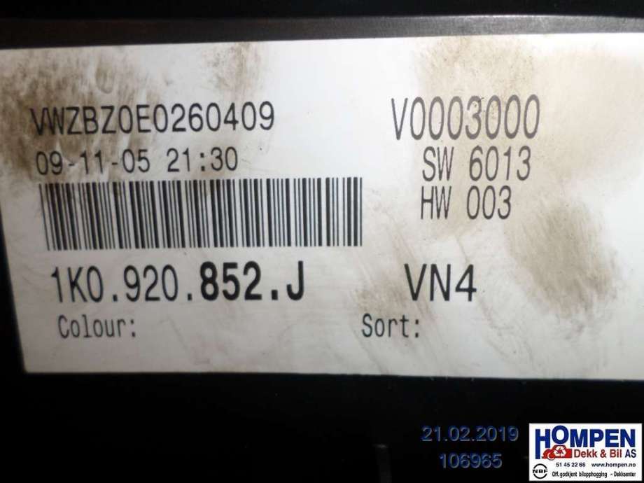 Instrumentpanel til VW Golf, Plus/Cross 2005-2009 (Fase 1)  (VOLKSWAGEN|1K0920853BX||1K0920852J)