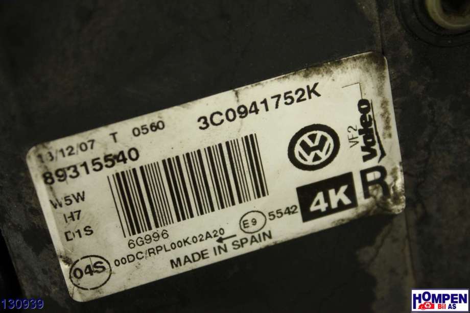 Frontlykt høyre halogen til VW Passat 2005-2010 (B6) (B6) (VOLKSWAGEN|3C0 941 754 K|89315540|3C0 941 752K)