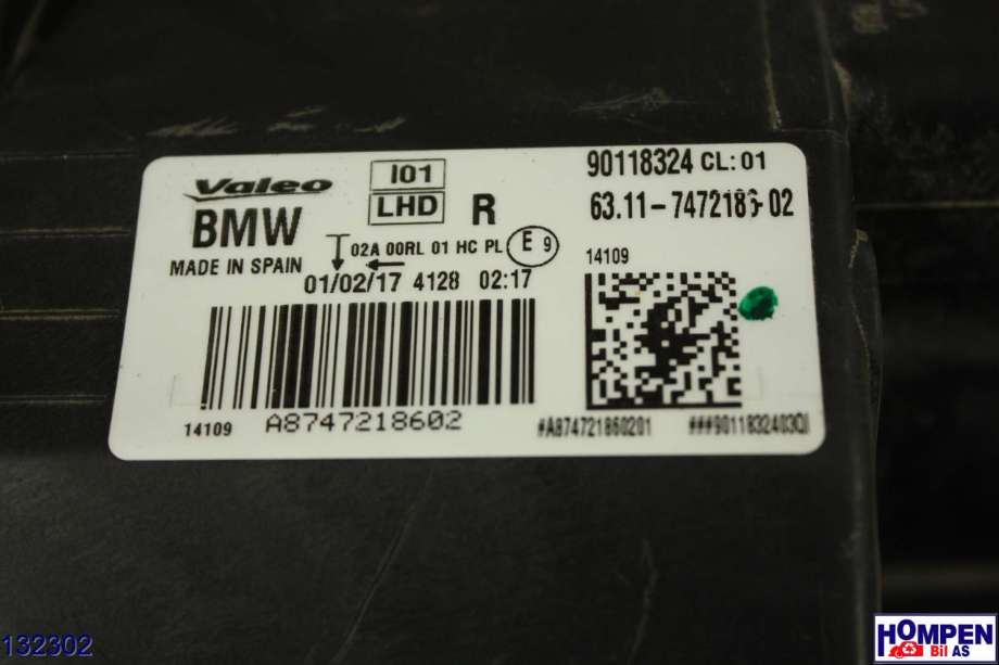 Frontlykt høyre halogen til BMW i3 2013-2022  (BMW|63 11 7 448 388|90118324|63 11 7472186-02)