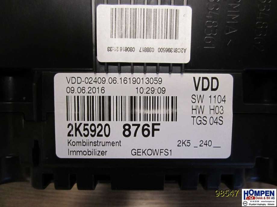 Instrumentpanel til VW Caddy 2010-2015 (Type III, Fase 2)  (VW|2K5920876F|)