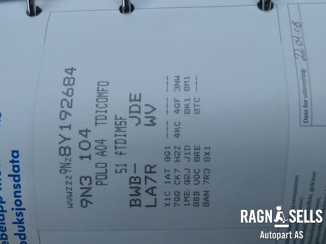 VW Polo 2005-2009 (Type IV, Fase 2) , Motorkode: BWB, Girkassekode: 