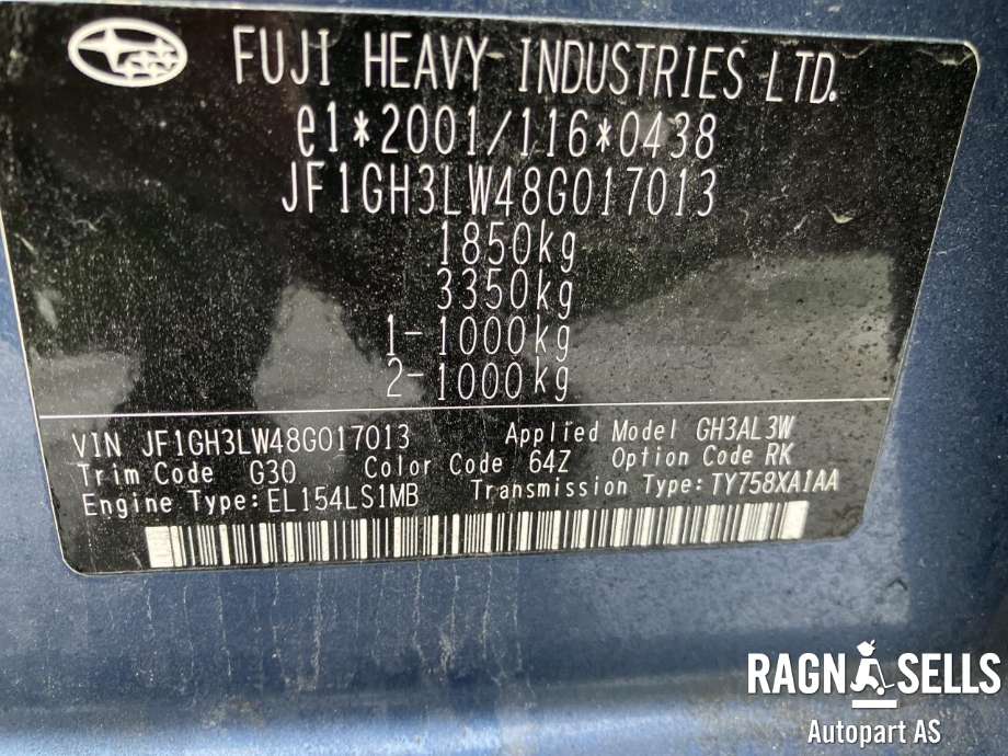 Subaru Impreza 2008-2012 (Type III) , Motorkode: EL154LS1MB, Girkassekode: TY758XA1AA