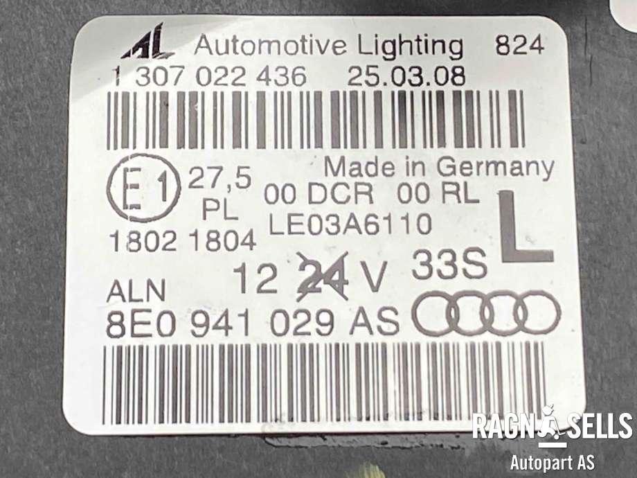 Frontlykt venstre xenon til Audi A4 2004-2008 (Type III) (B7) (B7) (AUTOMOTIVE LIGHTNING|8E0 941 029 AS||1307329115|1307022436)