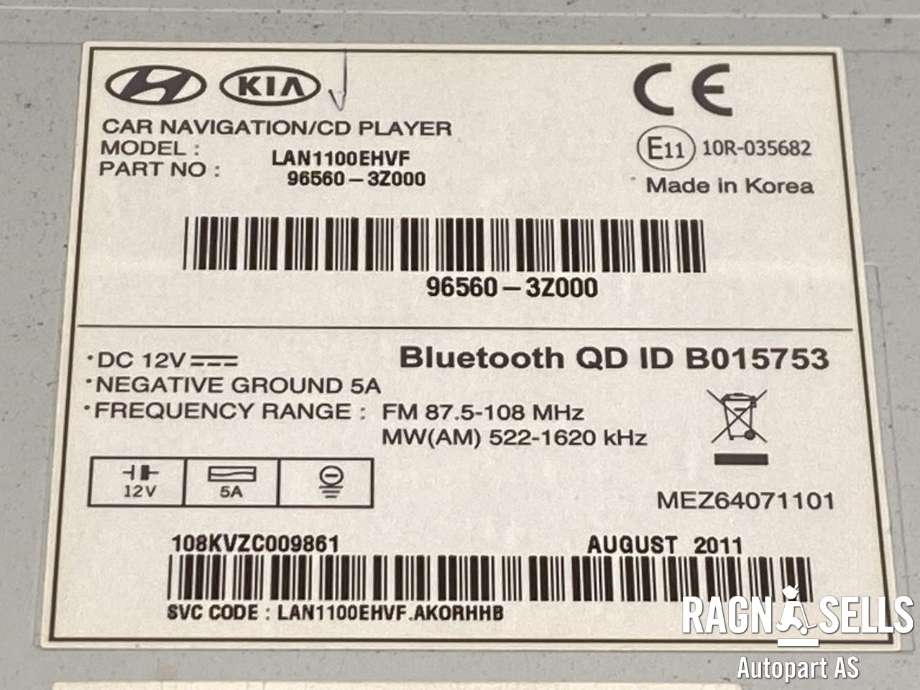 Bilstereo navigasjon til Hyundai i40 2012-2017  (LAN1100EHVF|96560-3Z000|108KVZC009861)