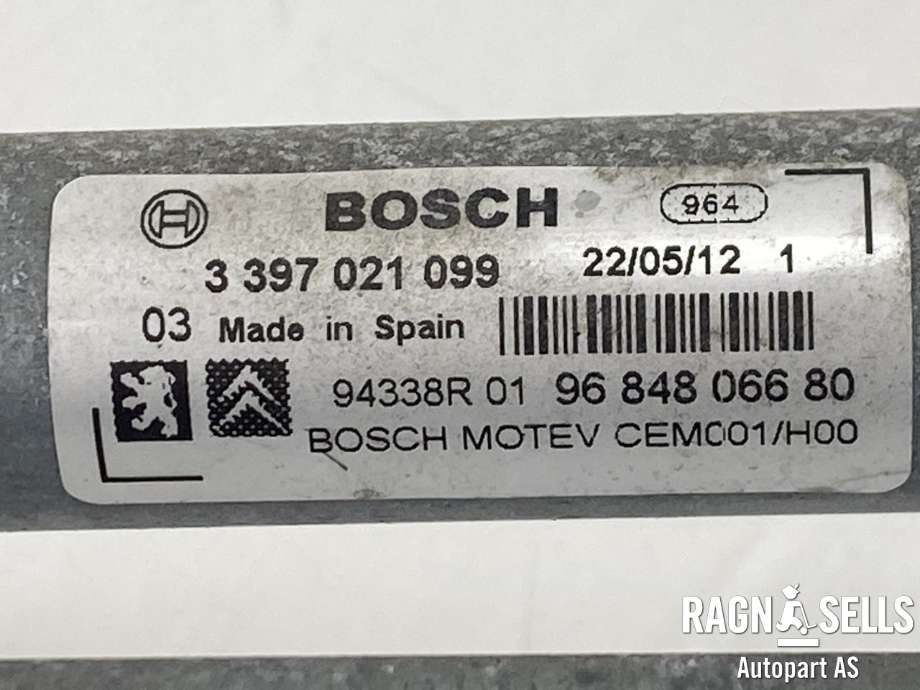 Viskermotor frontrute komplett m/overføring til Peugeot 308 2011-2013 (Type I, Fase 2)  (BOSCH|0 390 241 869|3 397 021 099|96 848 066 80)