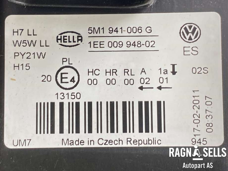 Frontlykt høyre halogen til VW Golf, Plus/Cross 2009-2013 (Fase 2) (5M1941006G|)