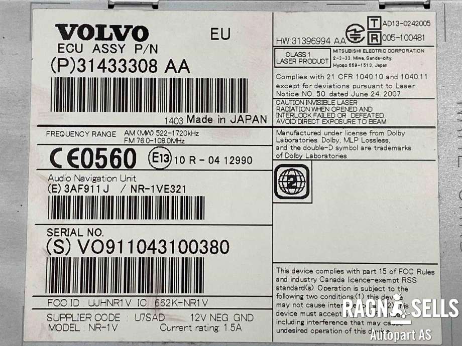 Bilstereo til Volvo V60/V60 CC 2013-2018 (Type I, Fase 2)  (36050656|31433308|)