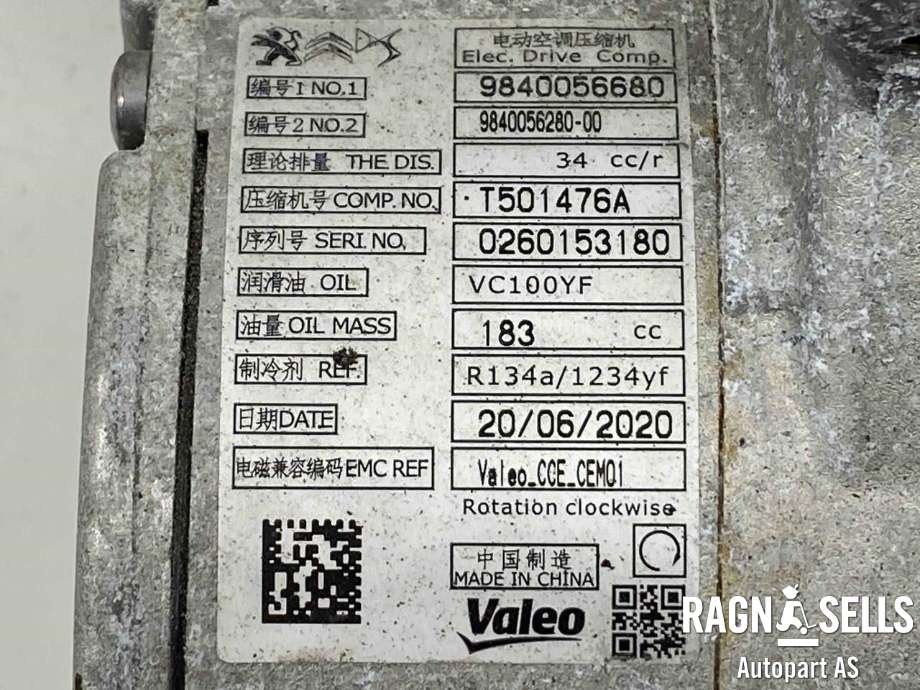 Aircondition kompressor elbil til Peugeot e-2008 2019-->> (98 313 700 80|98 400 566 80|)