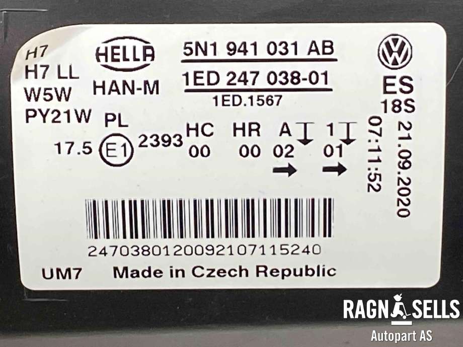 Frontlykt venstre halogen til VW Tiguan 2007-2011 (Type I, Fase 1)  (HELLA|5N1 941 031 AB|)