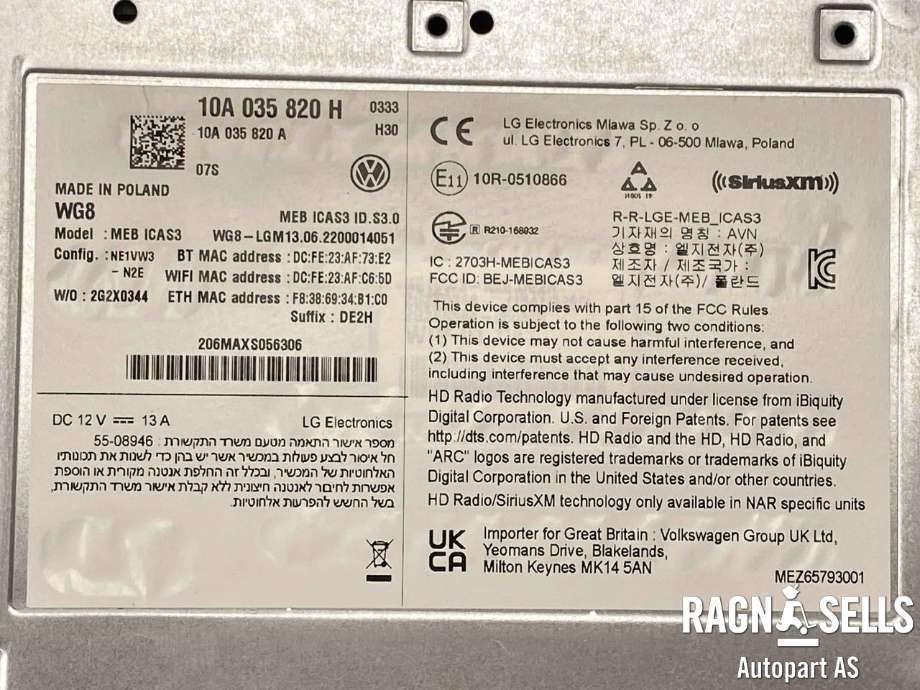 Bilstereo til VW ID.4 2020-->>  (10A 035 820 J|)