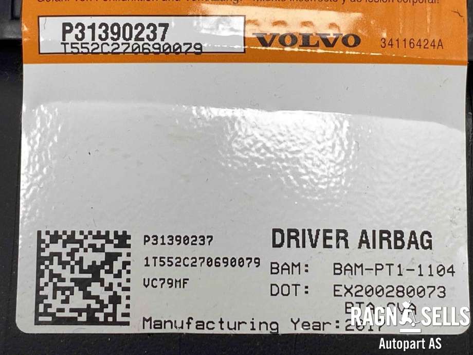 Airbag rattpute til Volvo V60/V60 CC 2013-2018 (Type I, Fase 2)  (31390237|331390237|)