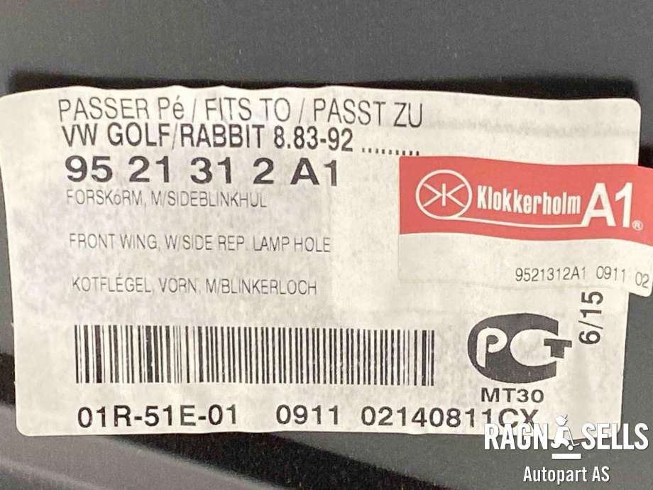 Skjerm høyre foran til VW Golf II 1984-1991  (KLOKKERHOLM|165 821 022 E|02140811CX|9521312A1)