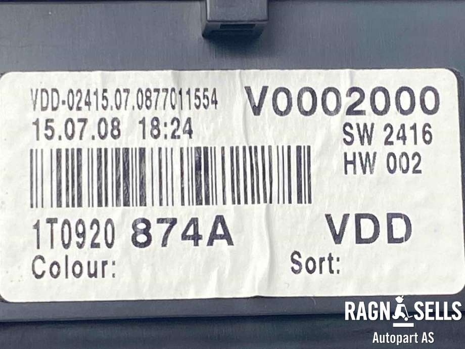 Instrumentpanel til VW Touran 2007-2010 (Type I, Fase 2)  (1T0920874A|)