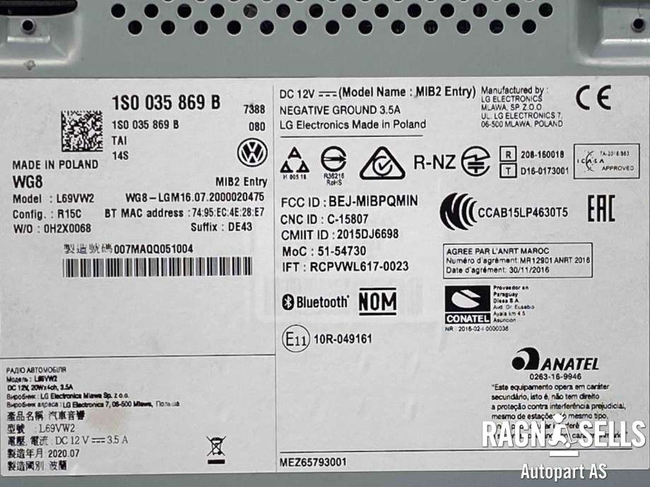 Bilstereo til VW E-Up 2019-->> (1S0 035 869 B|)