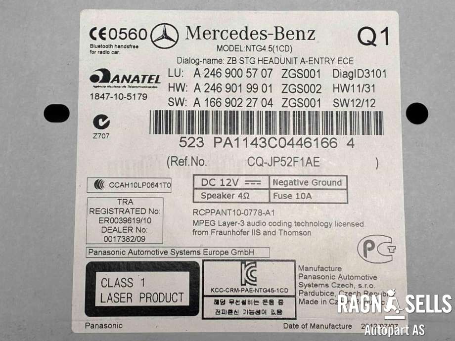 Bilstereo til Mercedes B-Klasse 2011-2018 (W246) (W246) (A 246 900 57 07||A 246 900 31 08)