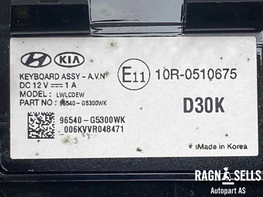 Bilstereo betjeningspanel til Kia Niro 2016-2021  (96540G5300WK|)