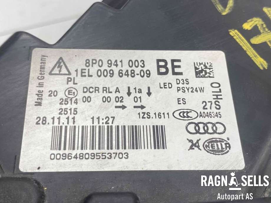 Frontlykt venstre xenon til Audi A3 2009-2012 (Type II, Fase 2)  (8P0941003BE|)