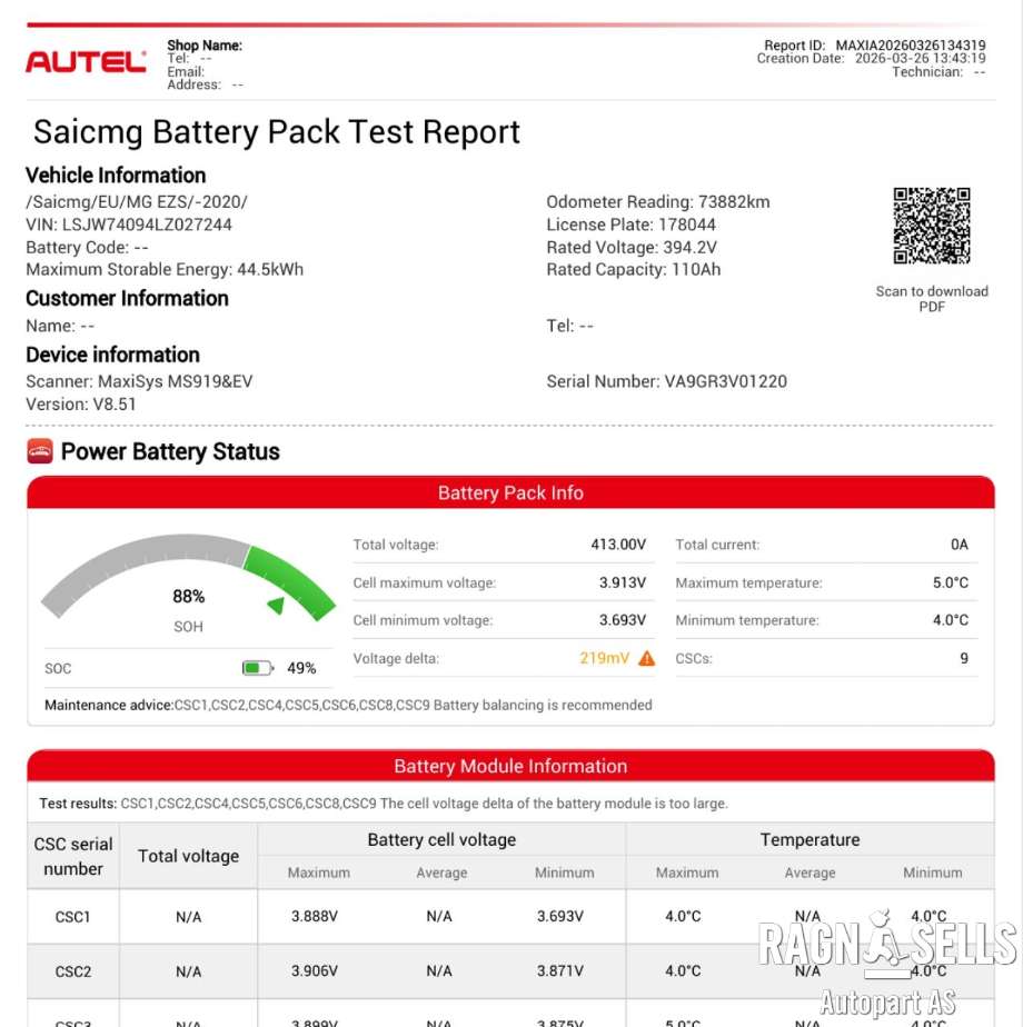 Batteripakke elbil til MG ZS EV, 2019-2021 (Type I, Fase 1)  