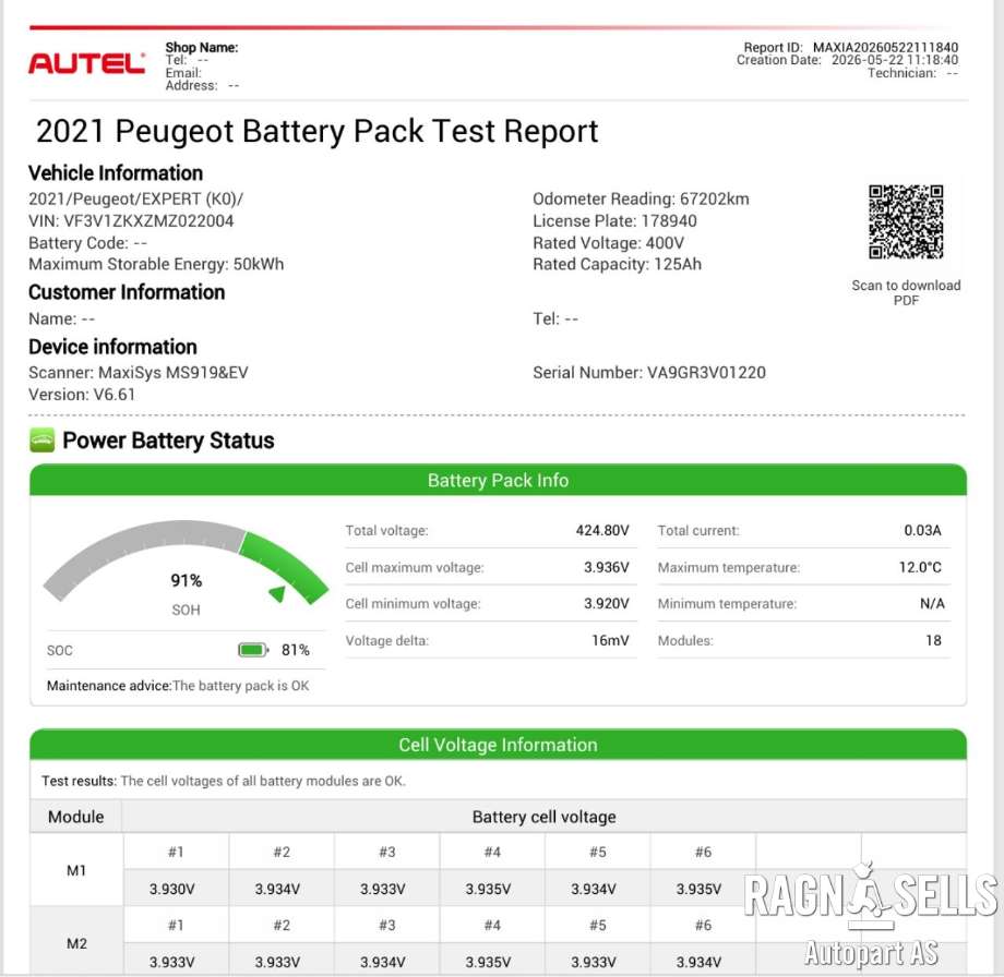 Batteripakke elbil til Peugeot Expert, 2016-->> (Type III)  (1686202980)