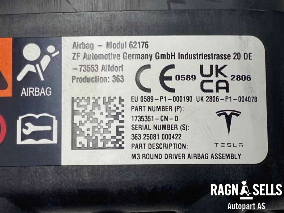 Airbag rattpute til Tesla Model 3 2024-->> (Fase 2) (1735351 CN D|)
