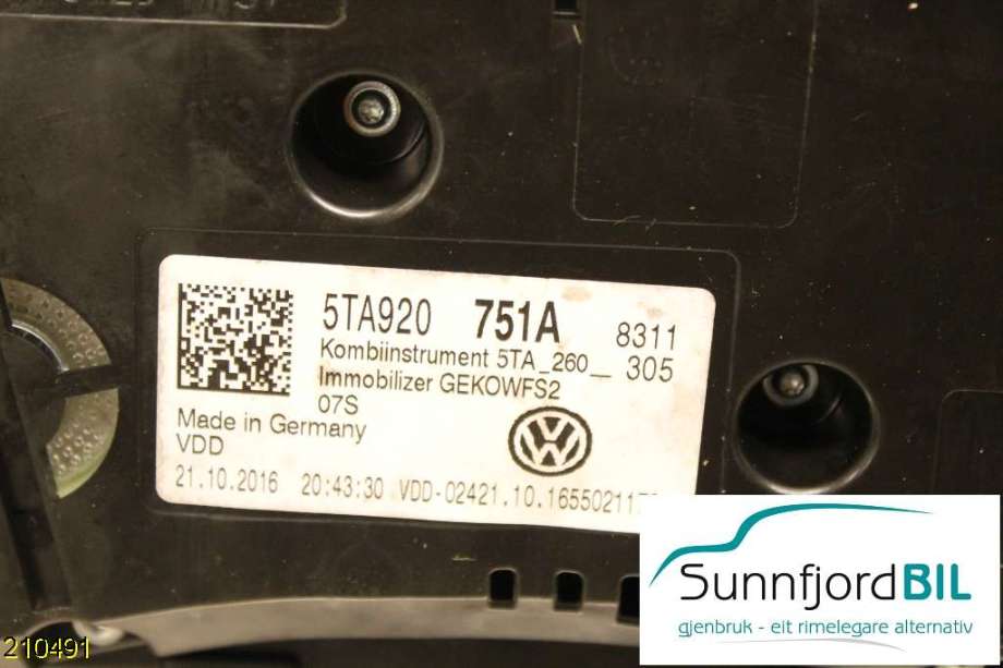 Instrumentpanel til VW Touran 2015-2021 (Type II)  (5TA920|)
