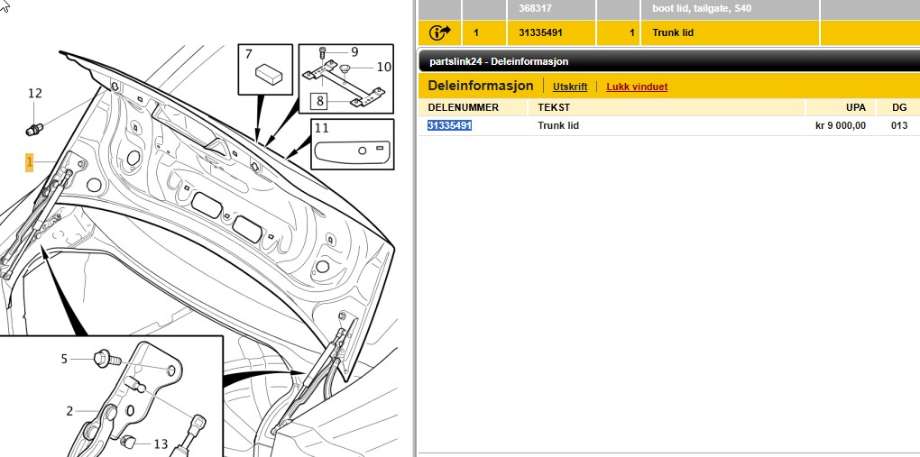 Bakluke sedan til Volvo S40, 2004-2007 (Type II, Fase 1)  (VOLVO|31335491)