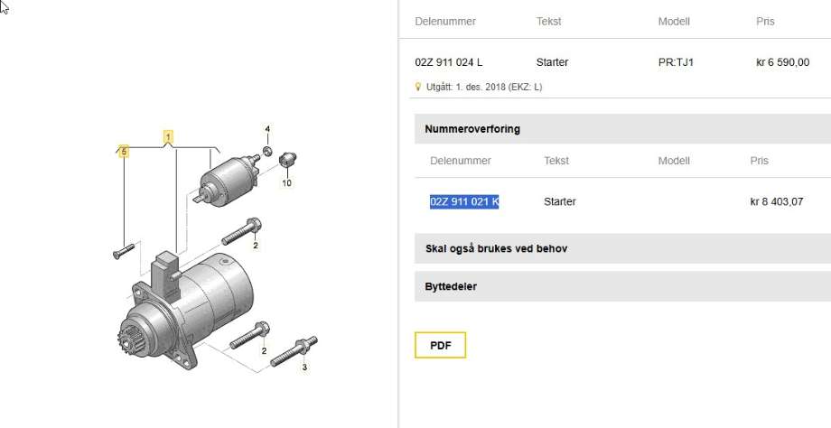 Starter diesel til Škoda Octavia 2013-2016 (Type III, Fase 1)  (SKODA|02Z 911 021 K|02Z911024L|)